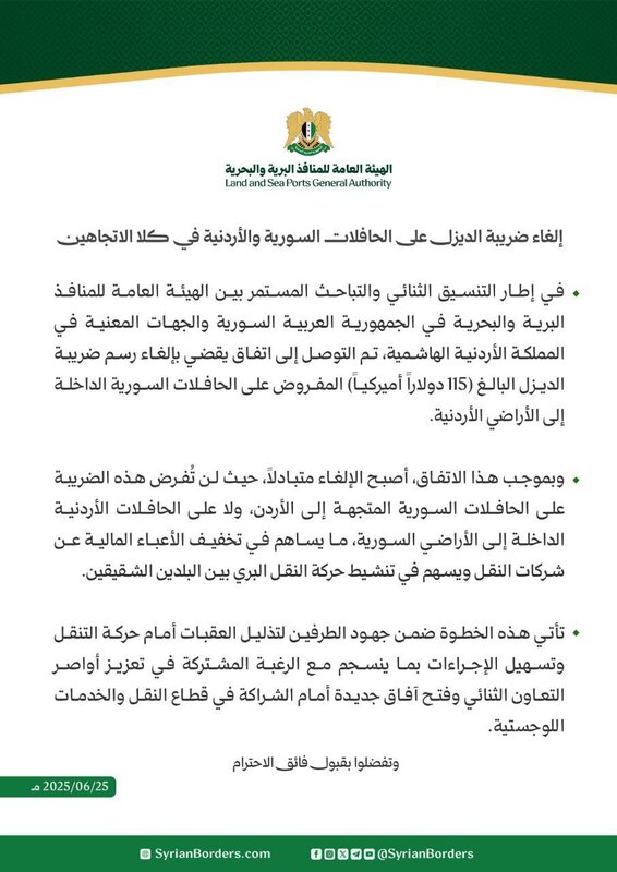 تسهيل التجارة: اتفاق سوري أردني يلغي ضريبة الديزل على الحافلات