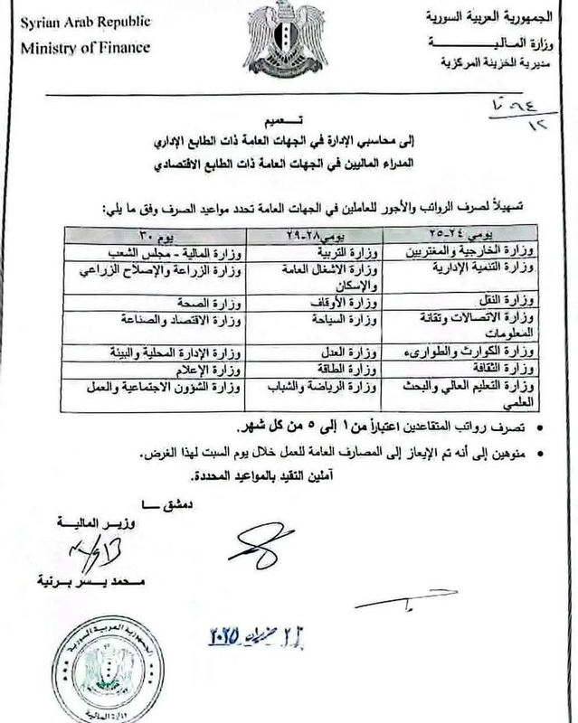 وزارة المالية السورية تصدر تعميماً جديداً لتنظيم مواعيد صرف الرواتب
