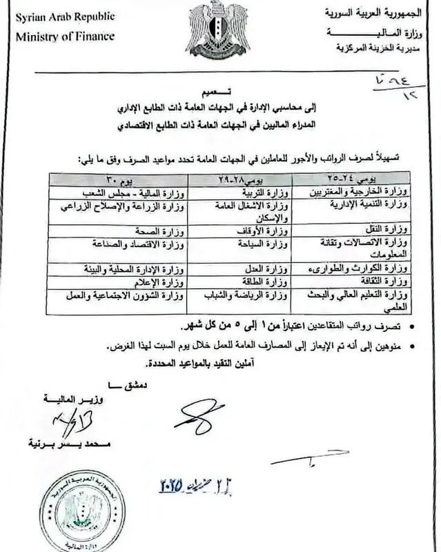 وزارة المالية السورية تصدر تعميماً جديداً لتنظيم مواعيد صرف الرواتب