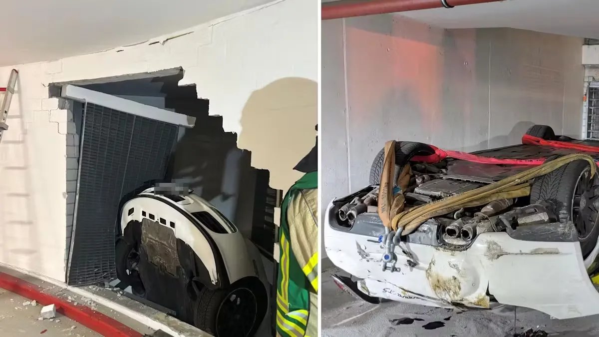 حادث مروع في ألمانيا: سيارة بورشه تخترق جدارًا خرسانيًا في لودفيغسبورغ وتعلق في الهواء!