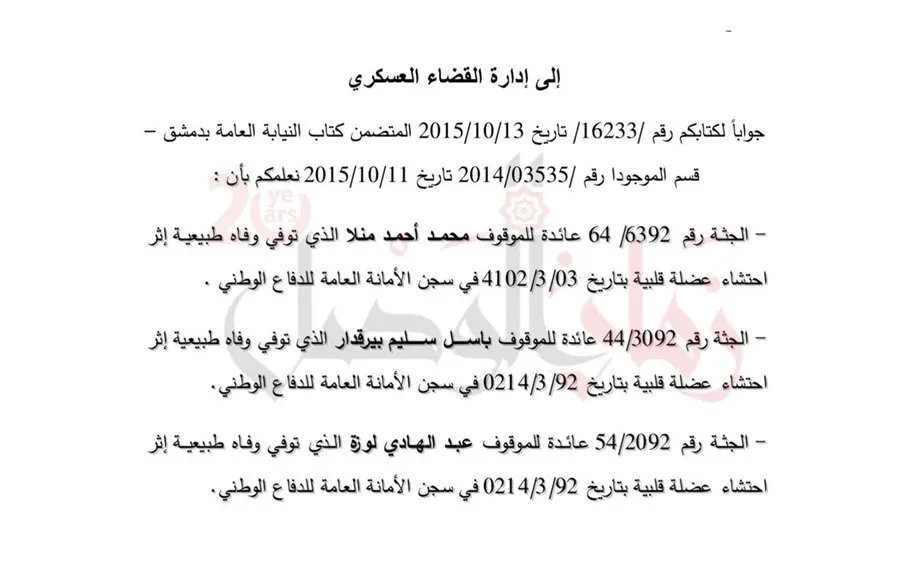 وثائق سرية تكشف: "احتشاء عضلة القلب" ذريعة لوفاة معتقلي الدفاع الوطني في سوريا
